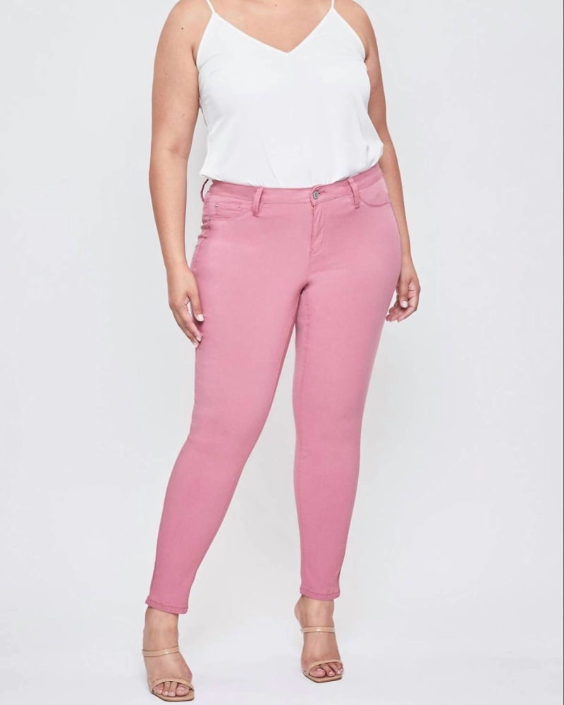 Front of a model wearing a size 1XL Plus Size Hyper Stretch Skinny Jean in Rose Bloom in Rose Bloom by YMI. | dia_product_style_image_id:338012